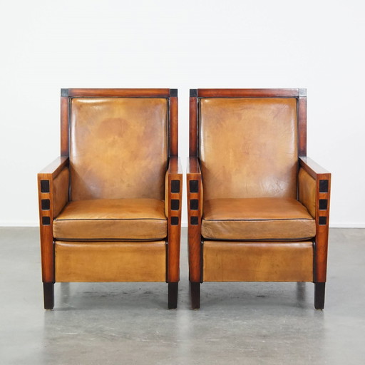 2 X Sheep Leather Art Deco Design Armchair