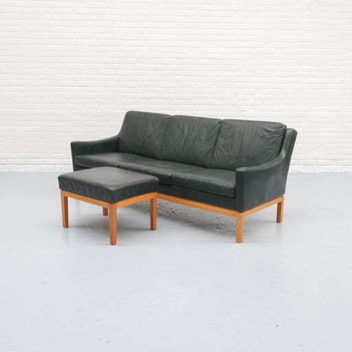 Mid - Century Three-seater Sofa Green Leather