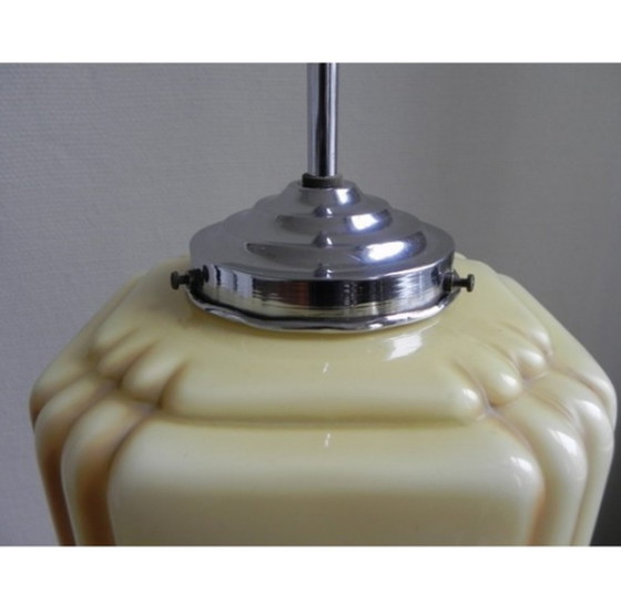 Image 1 of Art Deco hanging lamp with cube shaped beige globe