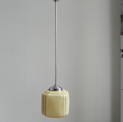 Art Deco hanging lamp with cube shaped beige globe