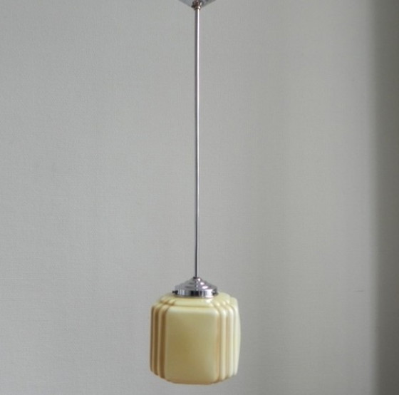 Image 1 of Art Deco hanging lamp with cube shaped beige globe