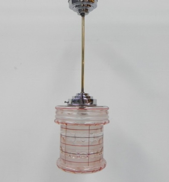 Image 1 of Art deco hanging lamp with pink glass shade