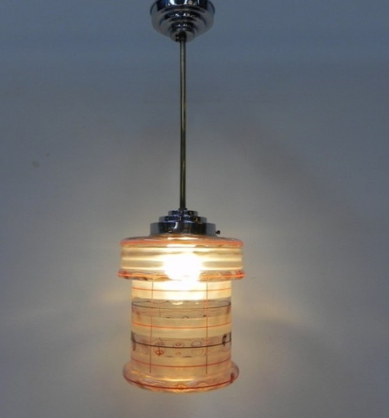 Image 1 of Art deco hanging lamp with pink glass shade