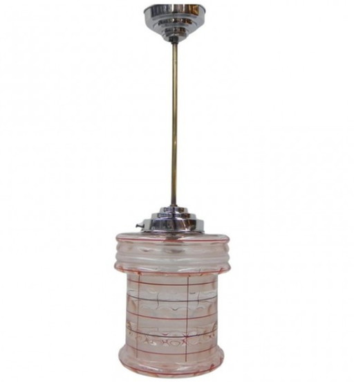 Art deco hanging lamp with pink glass shade