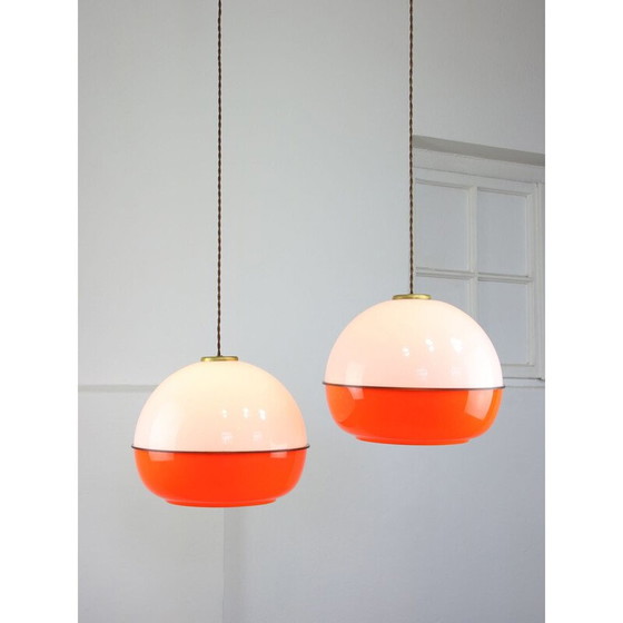Image 1 of Vintage Space Age pendant lamp in orange plexiglass and brass, Italy 1970