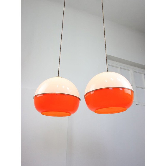 Image 1 of Vintage Space Age pendant lamp in orange plexiglass and brass, Italy 1970