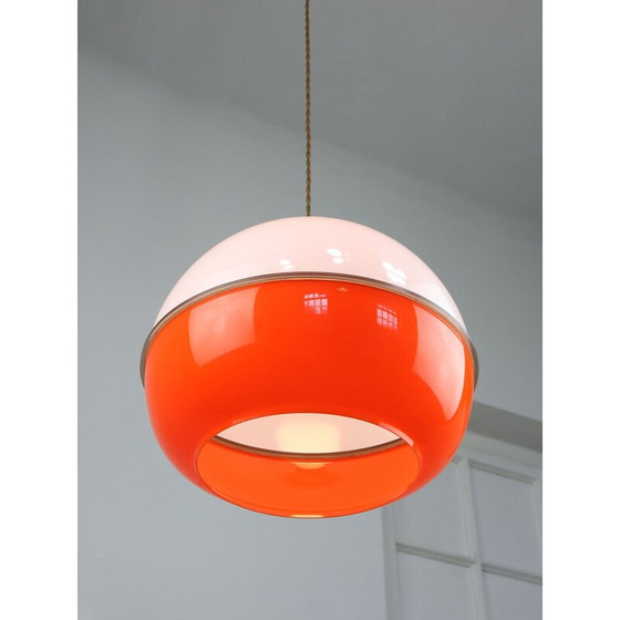 Image 1 of Vintage Space Age pendant lamp in orange plexiglass and brass, Italy 1970