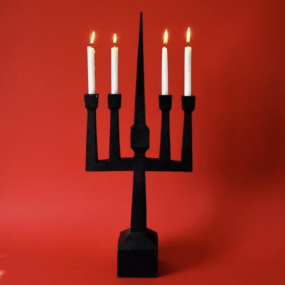 Image 1 of Black Forged Steel Brutalist Candelabra 1950