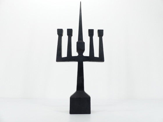 Image 1 of Black Forged Steel Brutalist Candelabra 1950