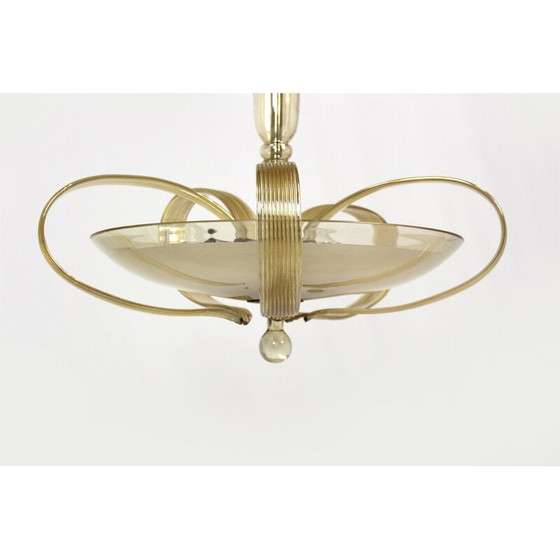 Image 1 of Vintage Art Deco chandelier in brass and curved glass for Esc Zukov, 1940