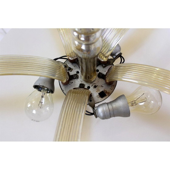 Image 1 of Vintage Art Deco chandelier in brass and curved glass for Esc Zukov, 1940