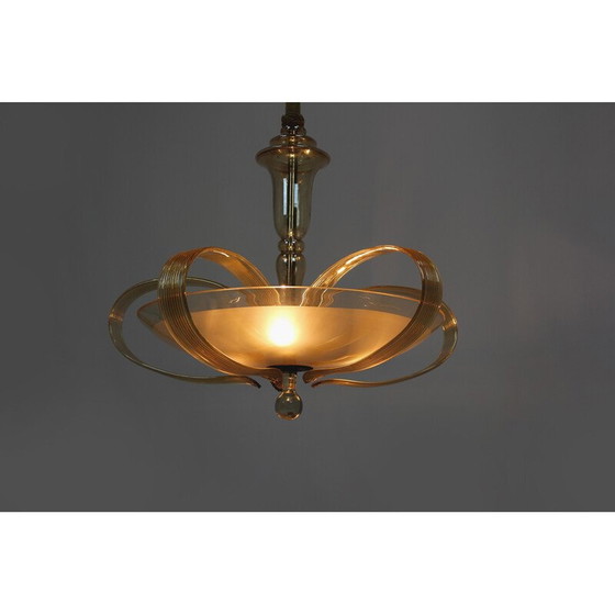 Image 1 of Vintage Art Deco chandelier in brass and curved glass for Esc Zukov, 1940