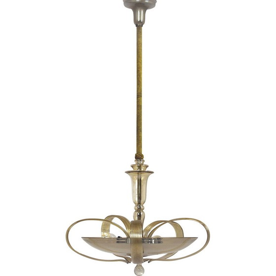 Image 1 of Vintage Art Deco chandelier in brass and curved glass for Esc Zukov, 1940