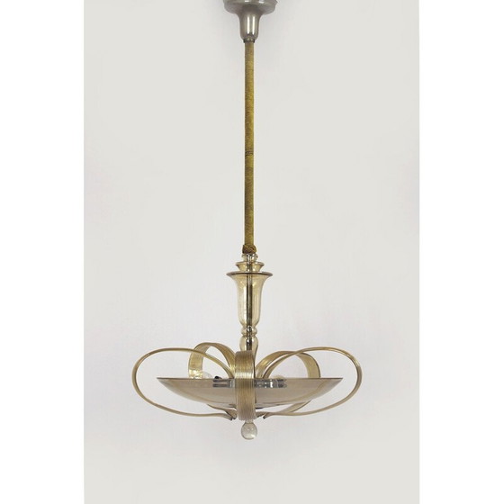 Image 1 of Vintage Art Deco chandelier in brass and curved glass for Esc Zukov, 1940