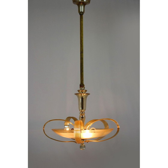 Image 1 of Vintage Art Deco chandelier in brass and curved glass for Esc Zukov, 1940