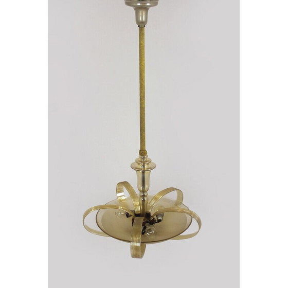 Image 1 of Vintage Art Deco chandelier in brass and curved glass for Esc Zukov, 1940