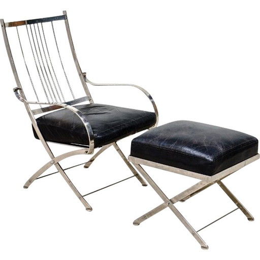 Vintage armchair with ottoman in chrome steel and black leather for Maison Jansen, France 1980