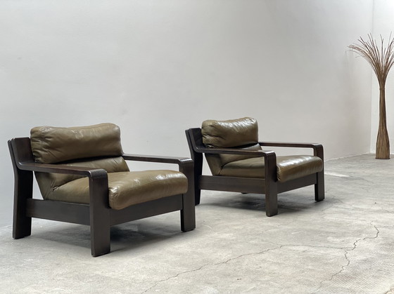 Image 1 of 2x Rolf Benz Années 1970 Vert Fauteuil en cuir Chêne Bois