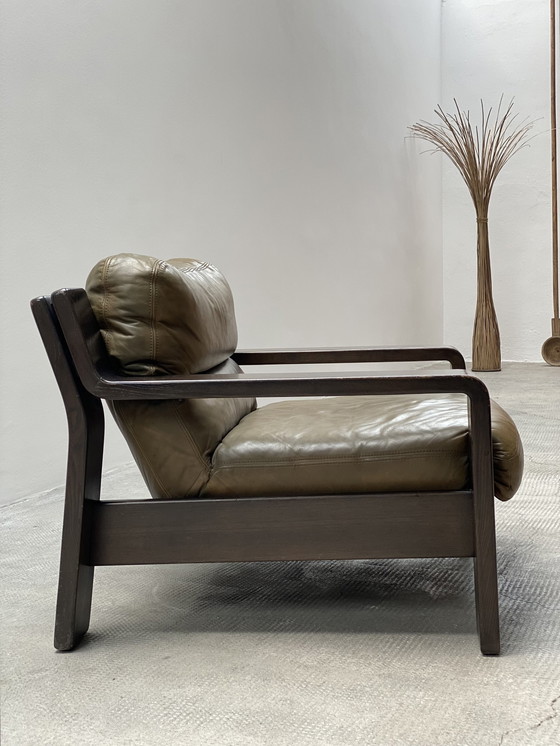 Image 1 of 2x Rolf Benz 1970s green leather armchair oak wood