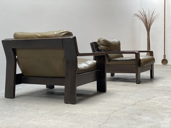 Image 1 of 2x Rolf Benz Années 1970 Vert Fauteuil en cuir Chêne Bois