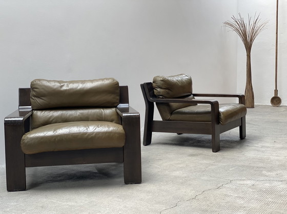 Image 1 of 2x Rolf Benz 1970s green leather armchair oak wood