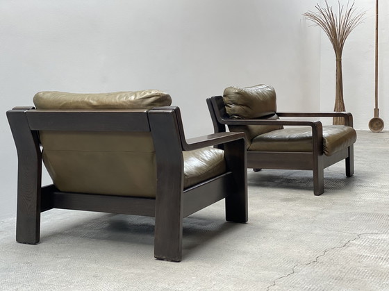 Image 1 of 2x Rolf Benz Années 1970 Vert Fauteuil en cuir Chêne Bois