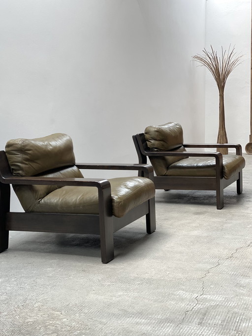 2x Rolf Benz Années 1970 Vert Fauteuil en cuir Chêne Bois