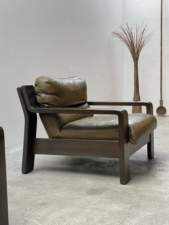 Image 1 of 2x Rolf Benz 1970s green leather armchair oak wood