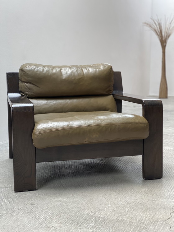 Image 1 of 2x Rolf Benz 1970s green leather armchair oak wood