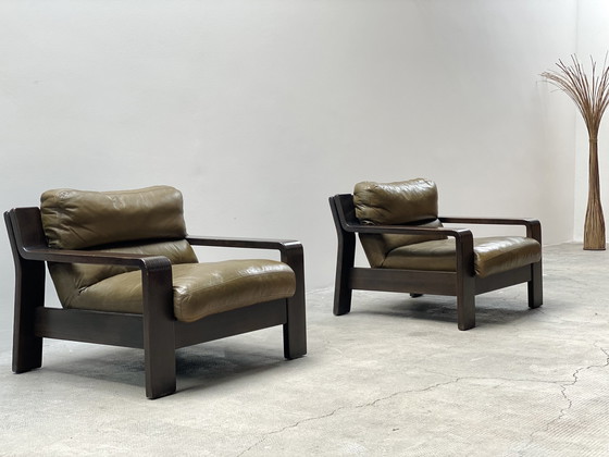 Image 1 of 2x Rolf Benz 1970s green leather armchair oak wood