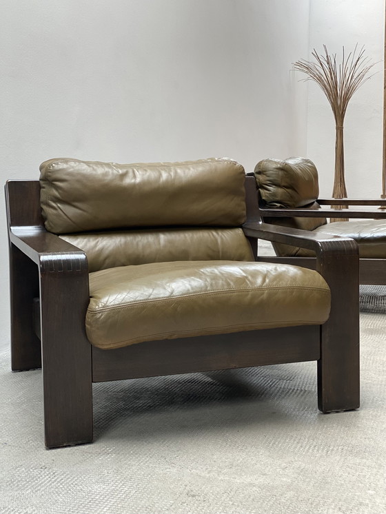 Image 1 of 2x Rolf Benz Années 1970 Vert Fauteuil en cuir Chêne Bois