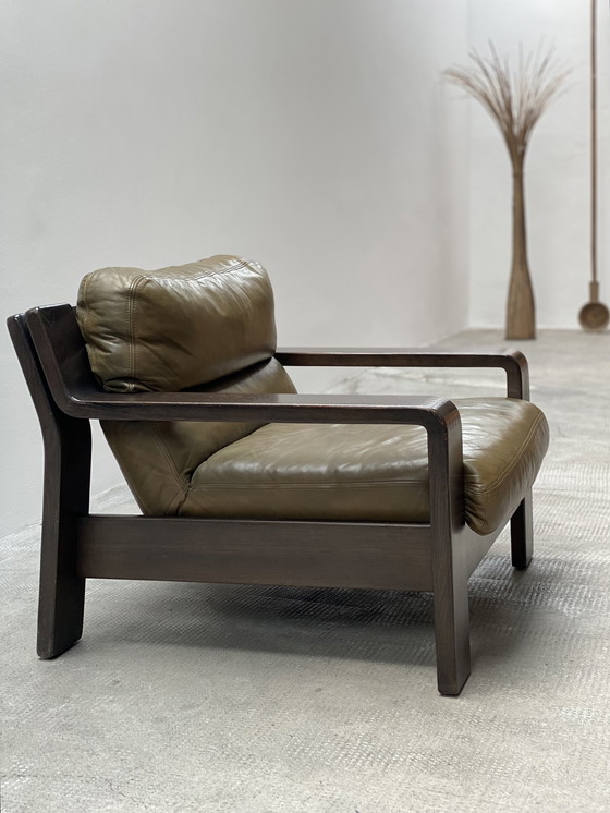 Image 1 of 2x Rolf Benz 1970s green leather armchair oak wood