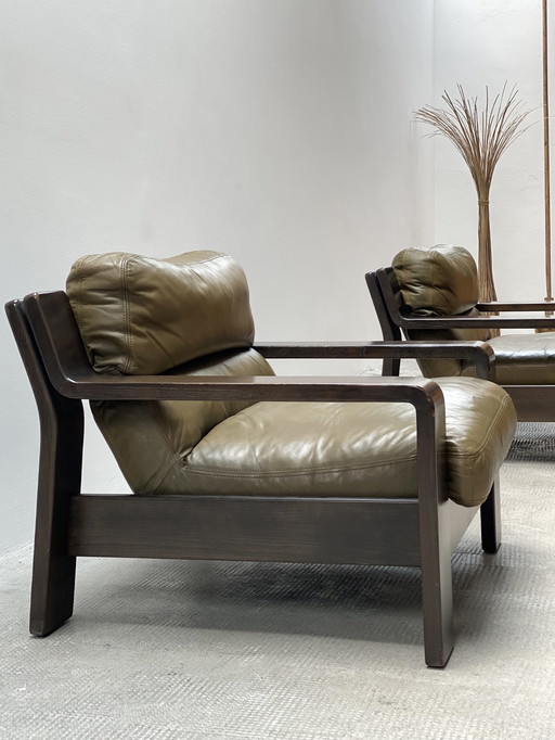 2x Rolf Benz 1970s green leather armchair oak wood