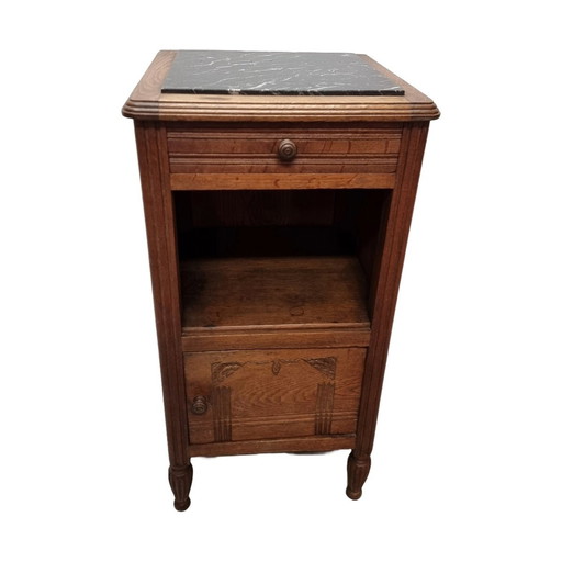 French Art Deco Oak Nightstand With Marble Top 1930s