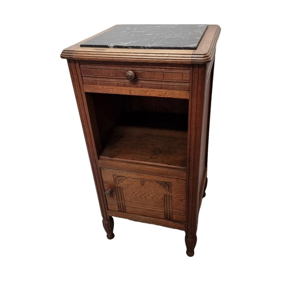 Image 1 of French Art Deco Oak Nightstand With Marble Top 1930s