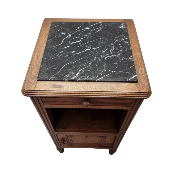 Image 1 of French Art Deco Oak Nightstand With Marble Top 1930s