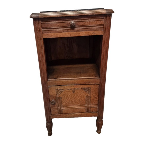 Image 1 of French Art Deco Oak Nightstand With Marble Top 1930s