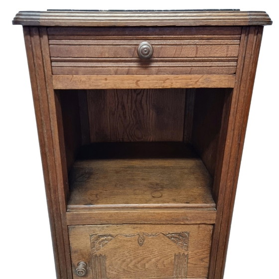 Image 1 of French Art Deco Oak Nightstand With Marble Top 1930s