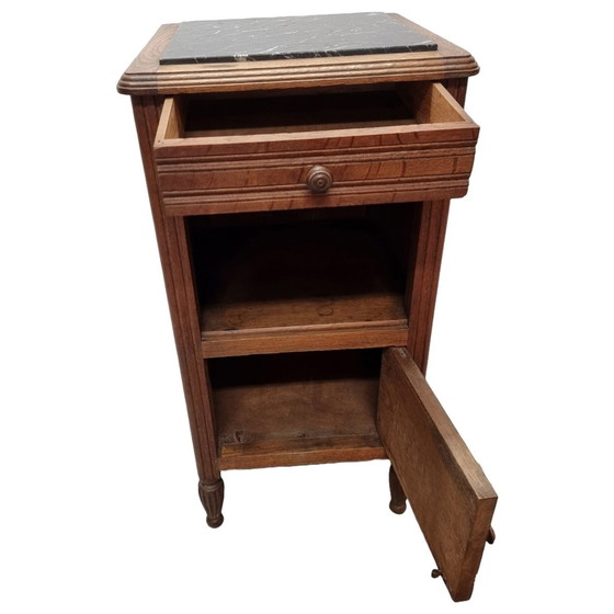 Image 1 of French Art Deco Oak Nightstand With Marble Top 1930s