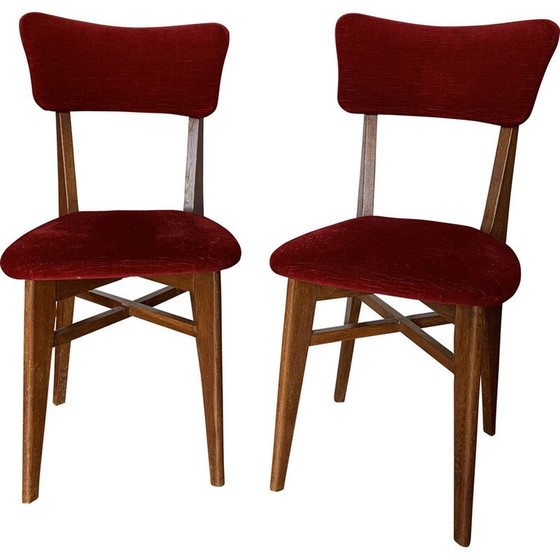 Image 1 of Pair of vintage red velvet and wood chairs, 1960