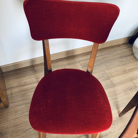 Image 1 of Pair of vintage red velvet and wood chairs, 1960