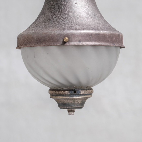 Image 1 of Set of 3 vintage pendant lamp in patinated metal and engraved glass, France 1920