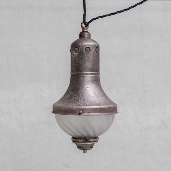 Image 1 of Set of 3 vintage pendant lamp in patinated metal and engraved glass, France 1920