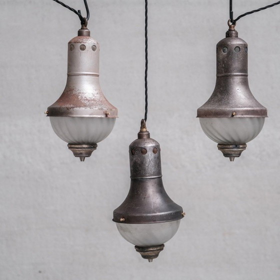Image 1 of Set of 3 vintage pendant lamp in patinated metal and engraved glass, France 1920