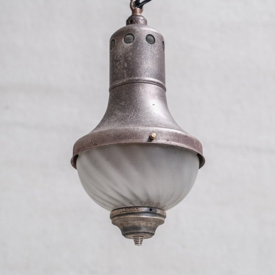 Image 1 of Set of 3 vintage pendant lamp in patinated metal and engraved glass, France 1920