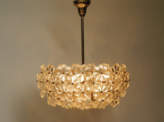 Image 1 of Very Rare Large Heavy 1970S Brass Crystal Glass Flower Ceiling Lamp By Ernst Palme In Very Good Original Condition