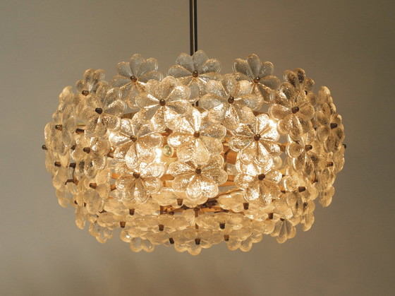 Image 1 of Very Rare Large Heavy 1970S Brass Crystal Glass Flower Ceiling Lamp By Ernst Palme In Very Good Original Condition