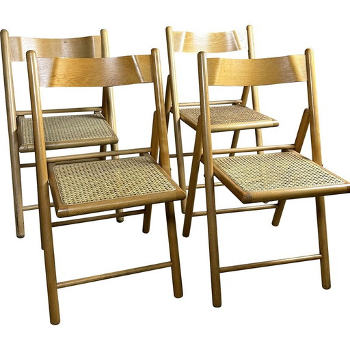 Set of 4 vintage beech and rattan chairs, Italy 1980