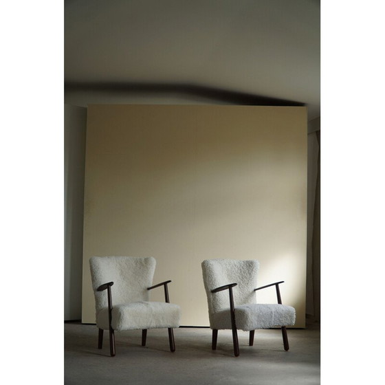 Image 1 of Pair of vintage lambswool and solid beech armchairs, Denmark 1960