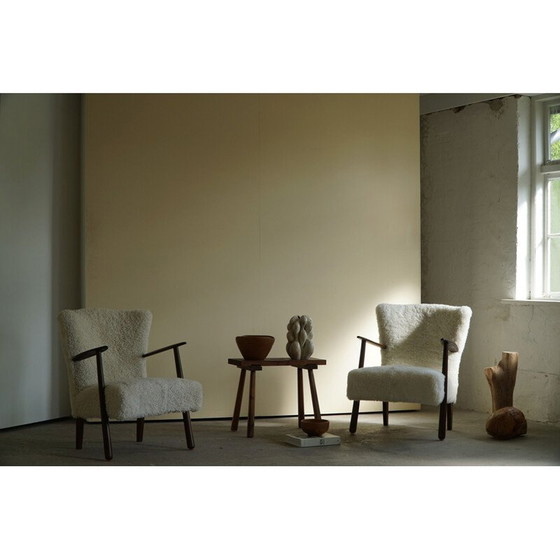 Image 1 of Pair of vintage lambswool and solid beech armchairs, Denmark 1960